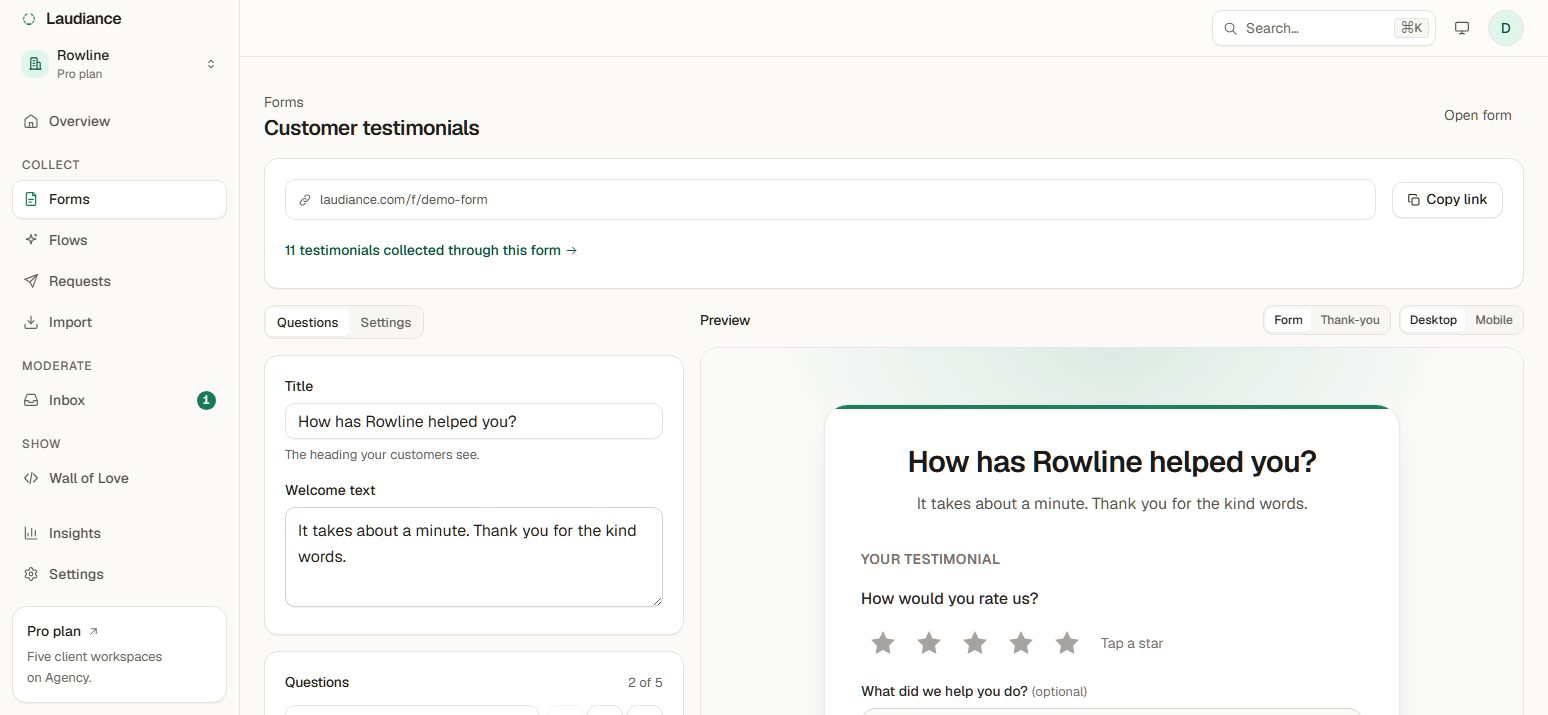 The Laudiance form builder, with the live preview of the public collection form beside the editor.