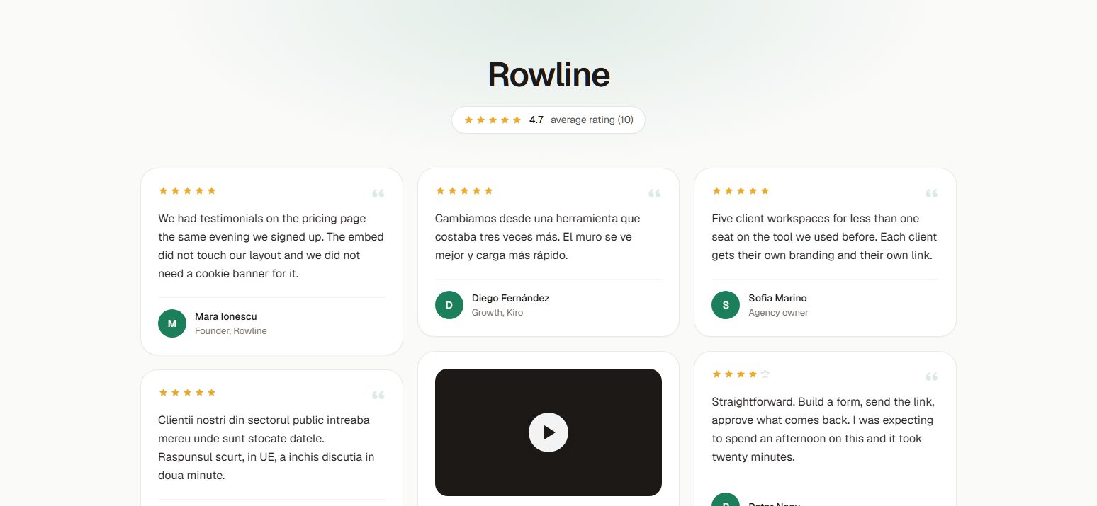A hosted Wall of Love page showing approved testimonials in several languages, one of them a video.